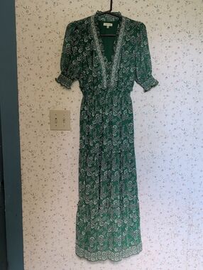 Max Studio Dress 8 Green Floral Maxi Smocked Tiered Wedding Guest Boho Fairy